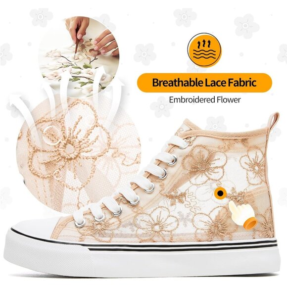 Women's High Top Sneakers With Embroidery Flower Casual Breathable Mesh Lace - Picture 2 of 9